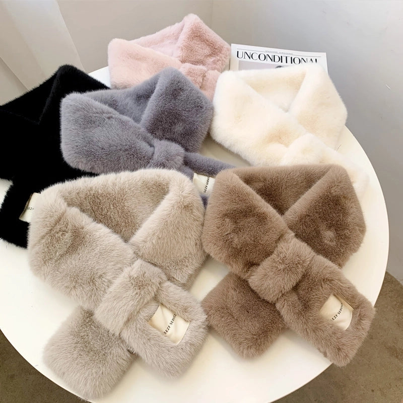 White Logo Plush Collar Scarf For Women Autumn And Winter  Warm Fashion All-match Cross Scarf