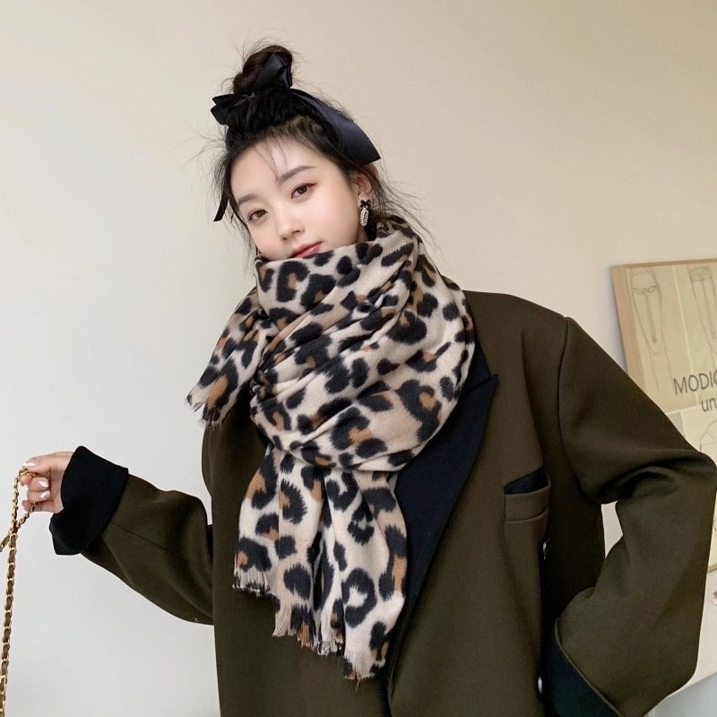 Scarf Women's Winter  Leopard Zebra Scarf Printed Double-sided Cotton And Polyester Thickened Warm Large Shawl