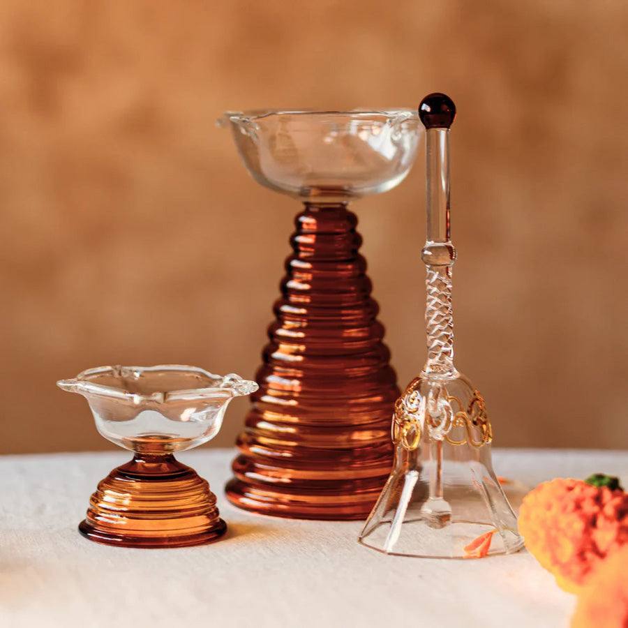 Glass Diya Set with Bell - Amber