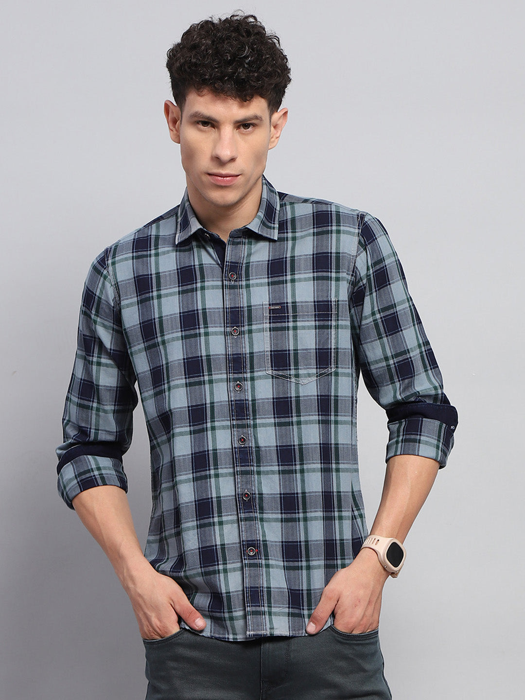 Men Blue Check Collar Full Sleeve Shirt