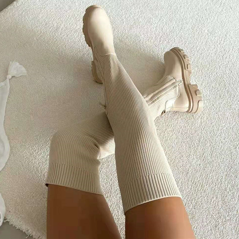 Fashion Patchwork Solid Color Round Keep Warm High Boots