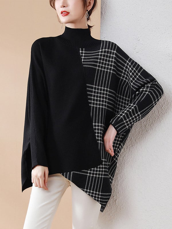 Casual Loose 3 Colors Split-Joint Plaid High-Neck Batwing Long Sleeves Sweater Top