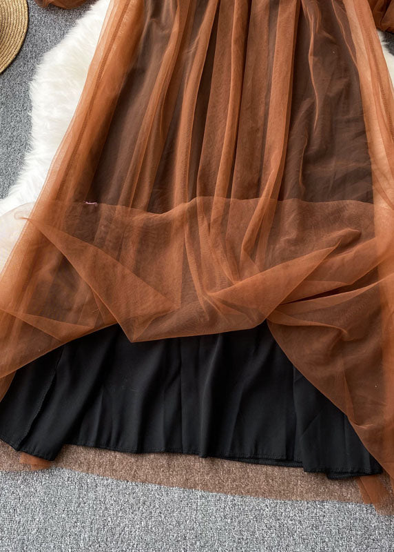 Coffee Square Collar Wrinkled Patchwork Tulle Dresses Lantern Sleeve