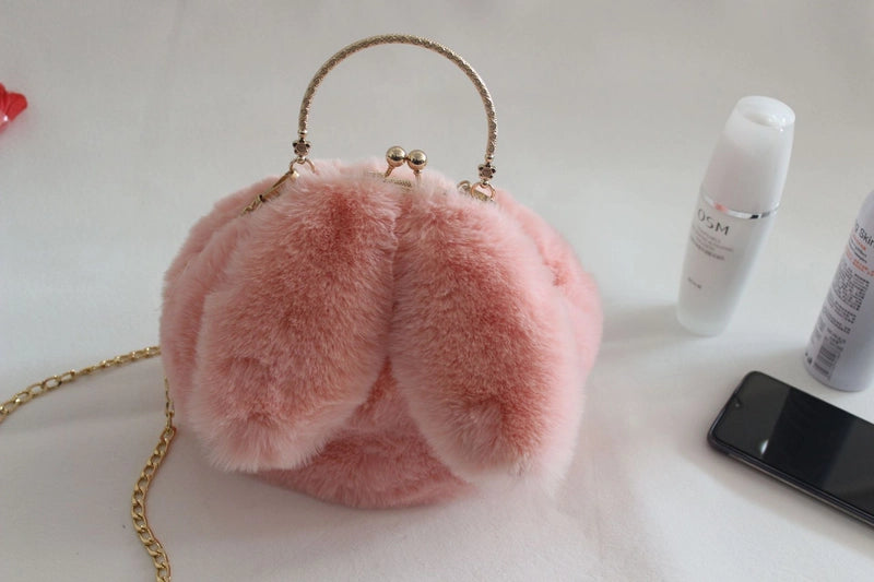 Women's Plush Rabbit Solid Color Cute Round Lock Clasp Handbag Crossbody Bag