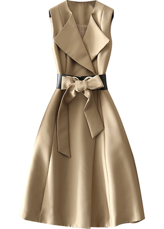 Bohemian Khaki Peter Pan Collar Bow Cotton Dress Sleeveless Summer