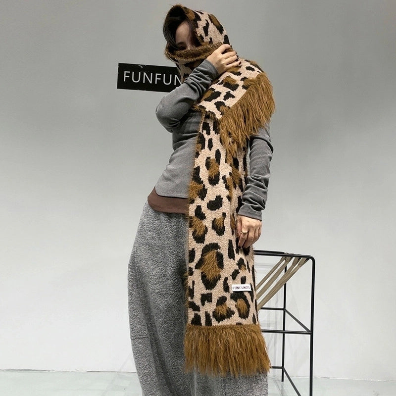 Women's Vintage Style Leopard Fleece Tassel Scarf