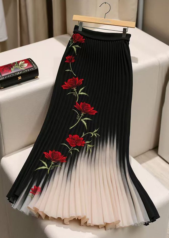 French Black Print Wrinkled Elastic Waist Chiffon Skirt Spring