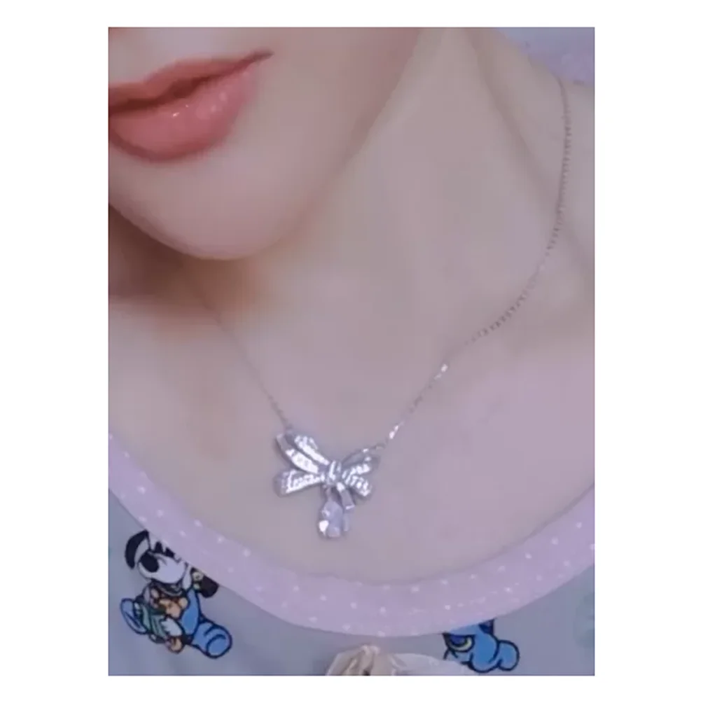 Bow knot water drop necklace 925 sterling silver light luxury diamond pendant collarbone chain