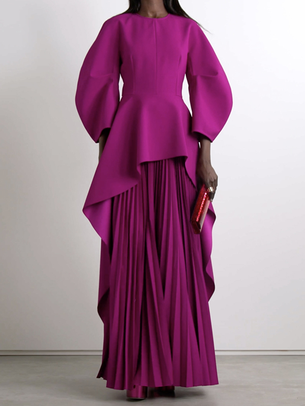 Long Sleeves Loose Pleated Solid Color Split-Joint Tiered Round-Neck Maxi Dresses