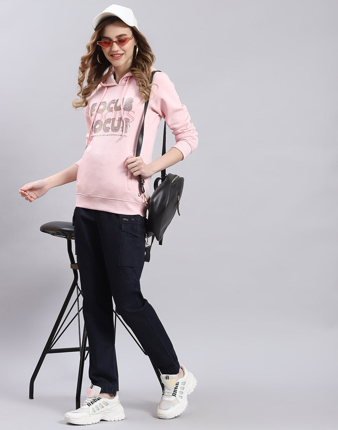 Women Pink Printed Hooded Full Sleeve Sweatshirt