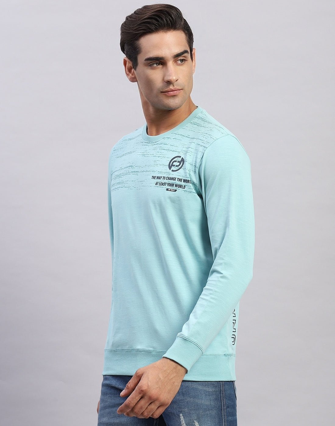 Men Light Blue Printed Round Neck Full Sleeve Winter T-Shirt