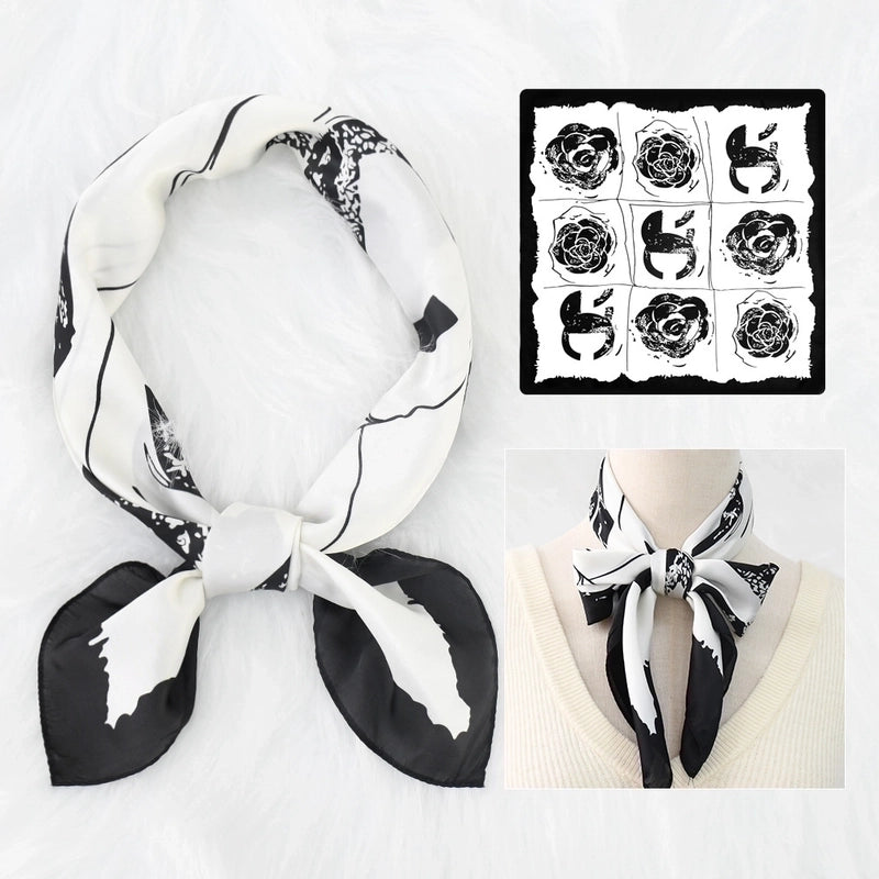 2 Pieces Women's Elegant Plaid Flower Horse Satin Silk Scarf