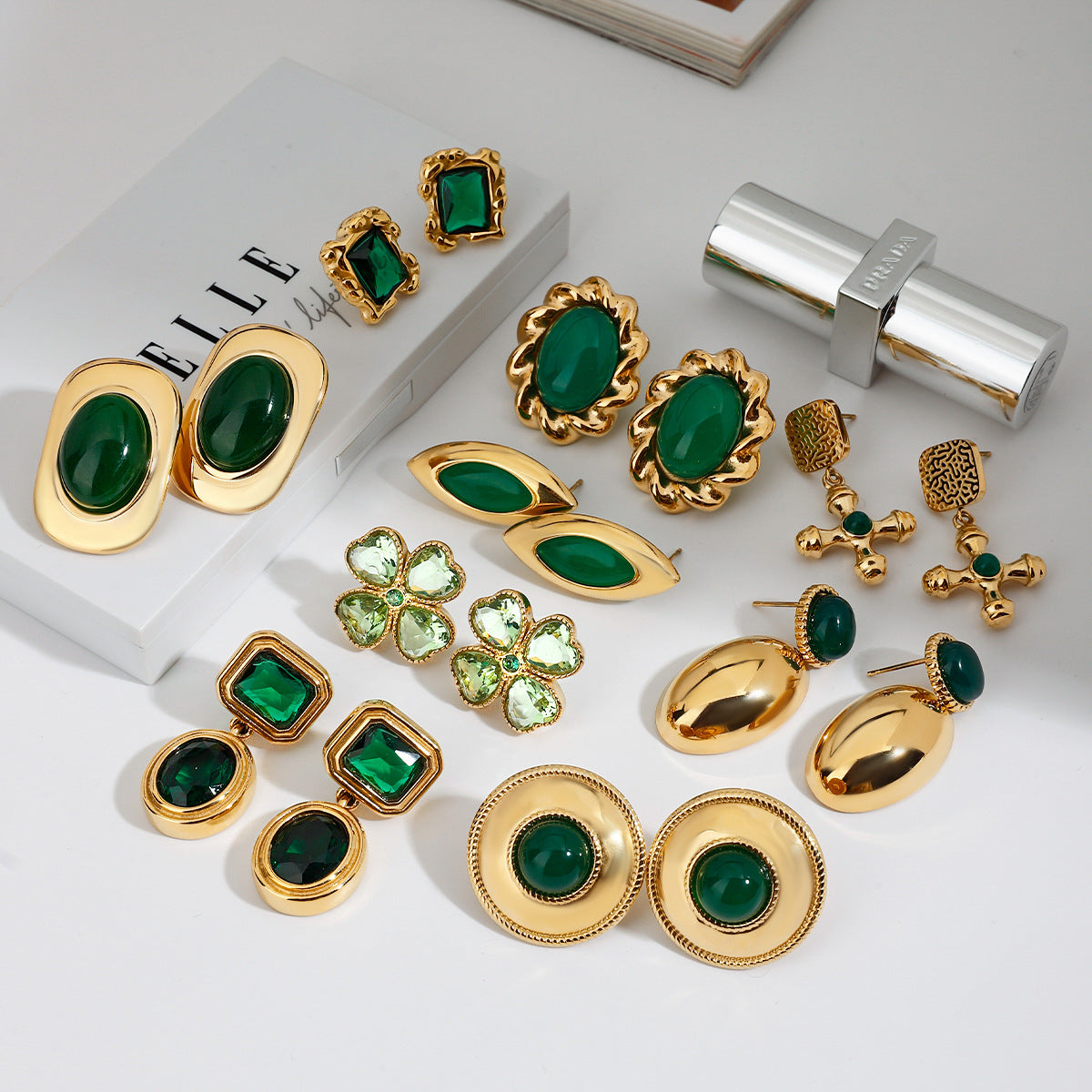 Jie Ding Stainless Steel Earrings Titanium Steel Earrings Green Agate Earrings