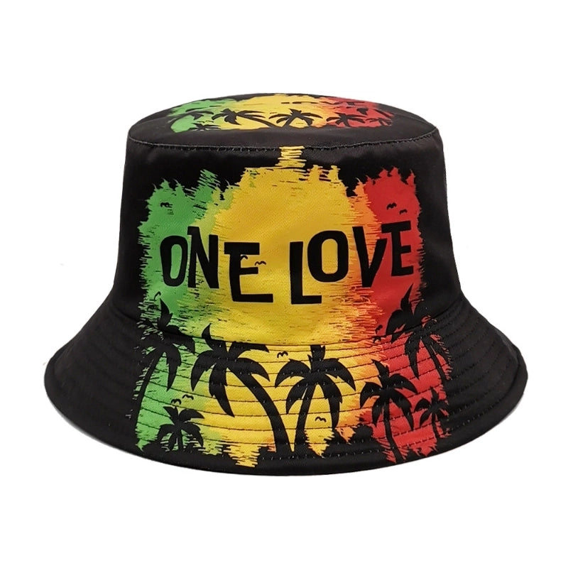 Unisex Retro Letter Coconut Tree Printing Wide Eaves Bucket Hat