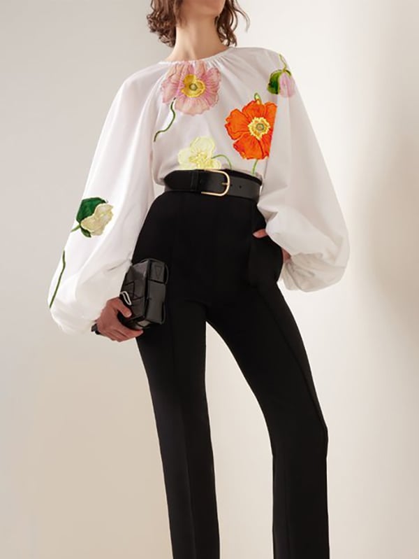 Long Sleeves Loose Elasticity Flower Print Pleated Round-neck Blouses&shirts Tops
