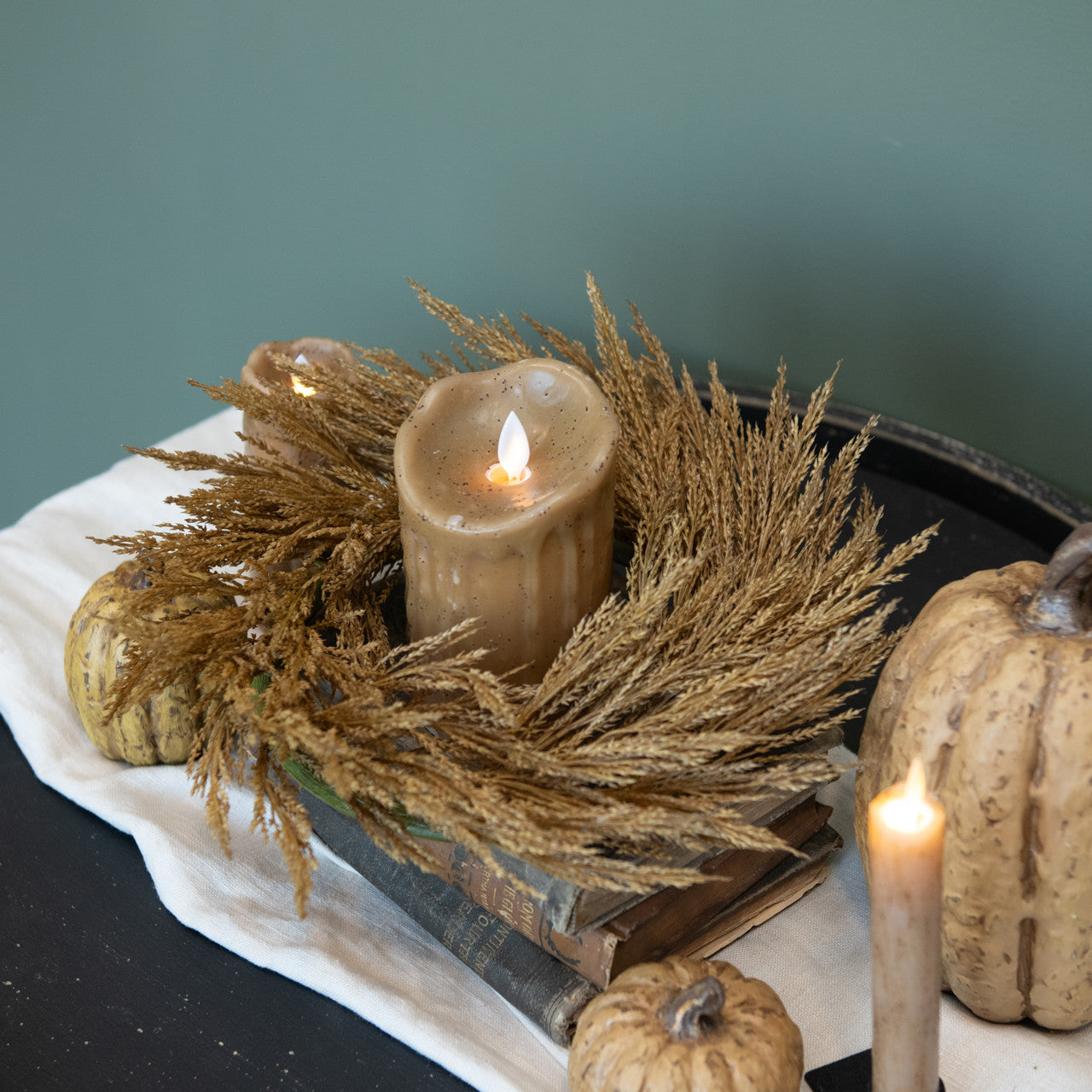 Farmhouse Candle with Flickering Flame. Wheat