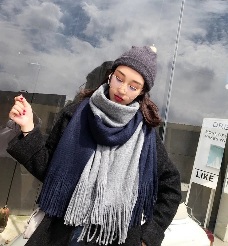 New Contrast Color Fashion Imitation Cashmere Scarf Women's Long Warm Student Scarf Tassel Couple's Shawl