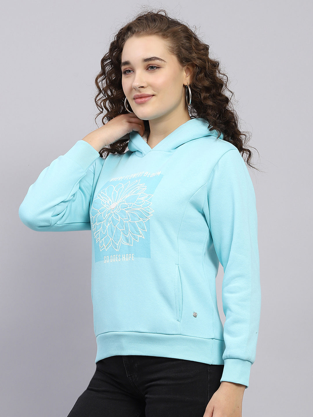 Women Blue Printed Hooded Full Sleeve Sweatshirt