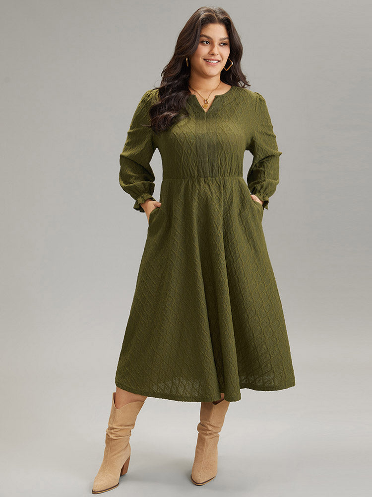 Textured Jacquard Notched Ruffle Sleeve Dress