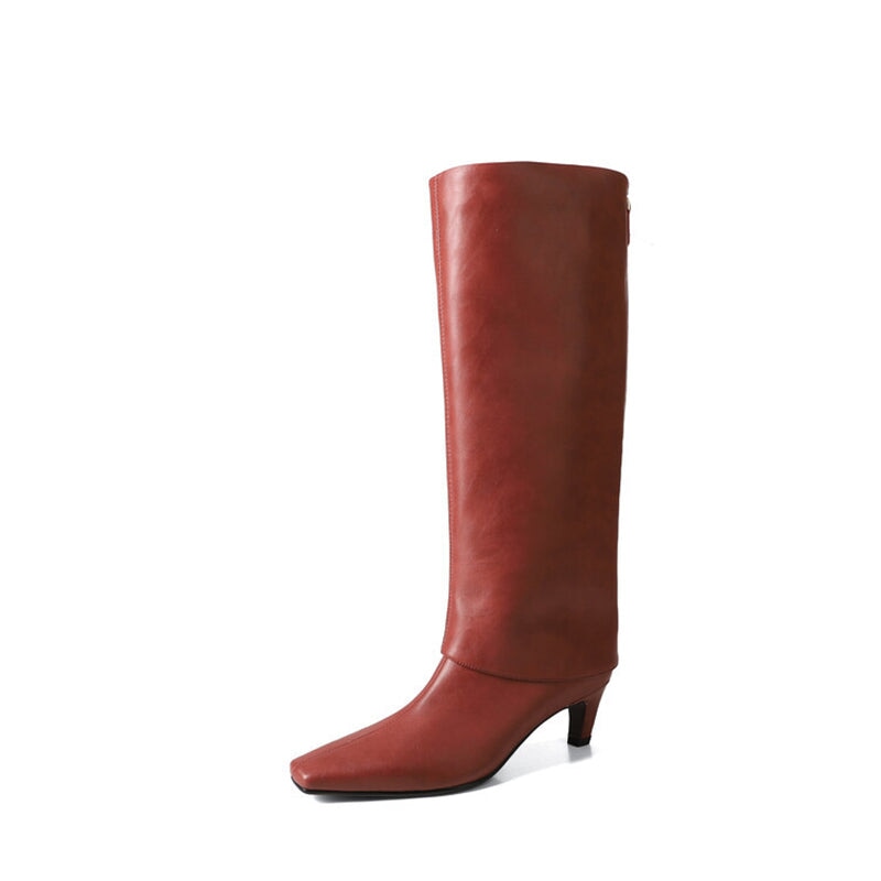 Genuine Leather Square Toe Kitten Heel Knee High Boots For Women In Black/Red