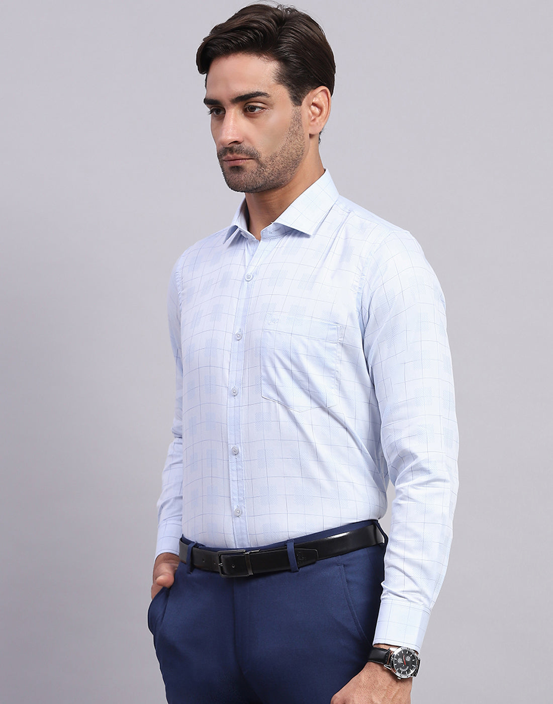 Men Light Blue Check Collar Full Sleeve Shirt