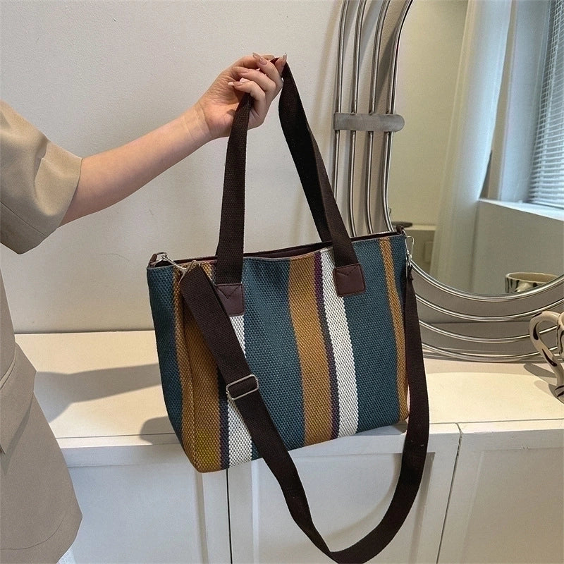 Women's Large Canvas Stripe Vintage Style Square Zipper Crossbody Bag