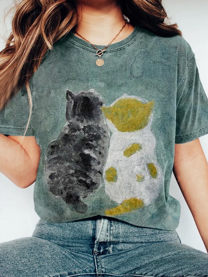 Women's Lovely Cats Pattern Print Crew Neck Short Sleeve T-Shirt