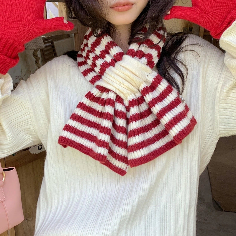 Wool Scarf Knitted Striped Cross Women's Autumn And Winter  Decorative Thickened Wool Blended Warm Scarf