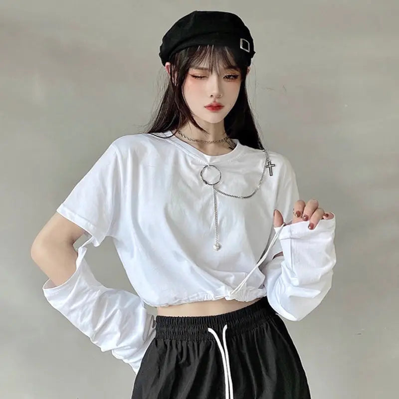 Adjustable Crop Top With Chain-Applications And Removable Sleeves