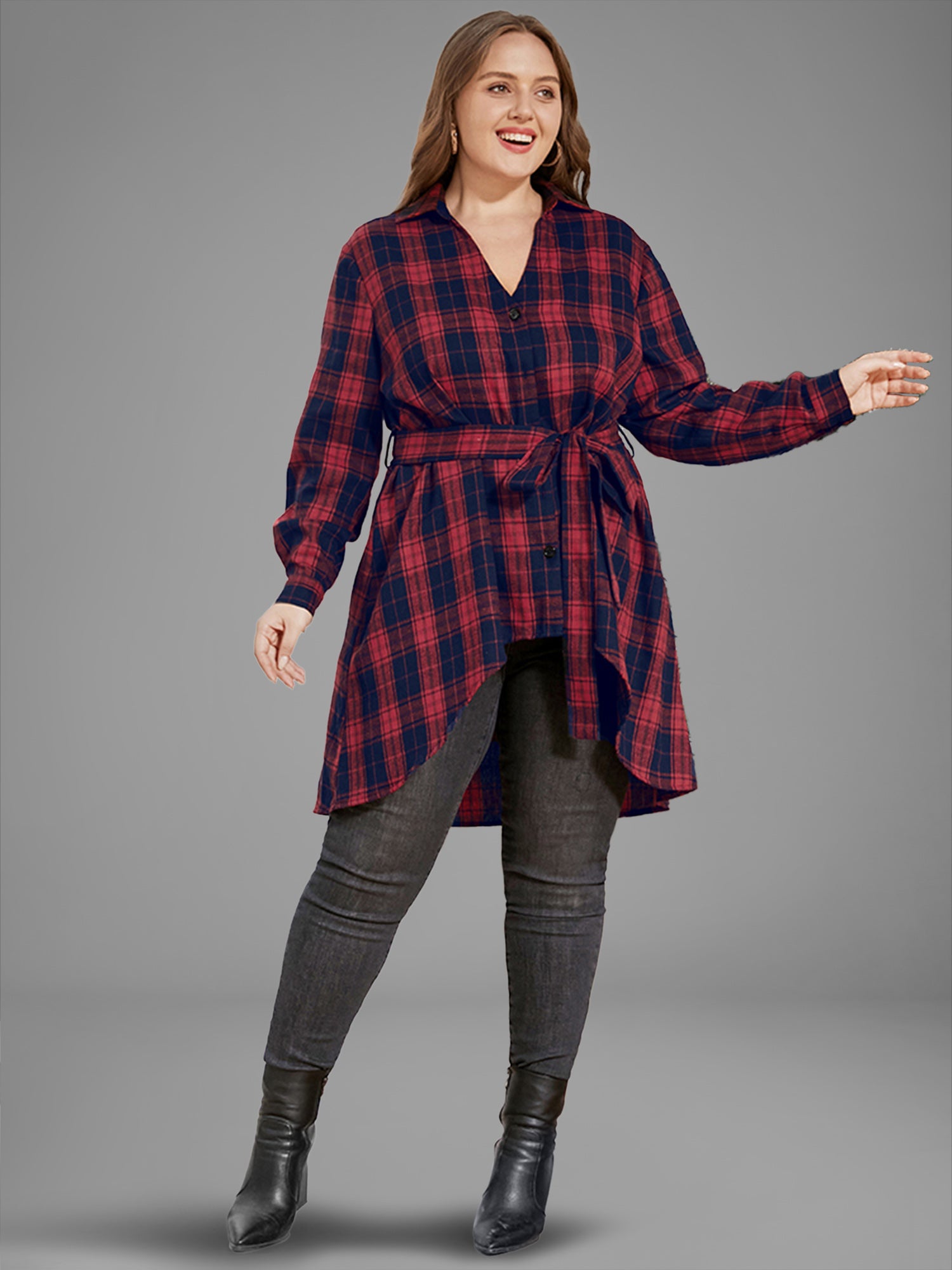 Plaid Button Up Asymmetrical Hem Belted Blouse