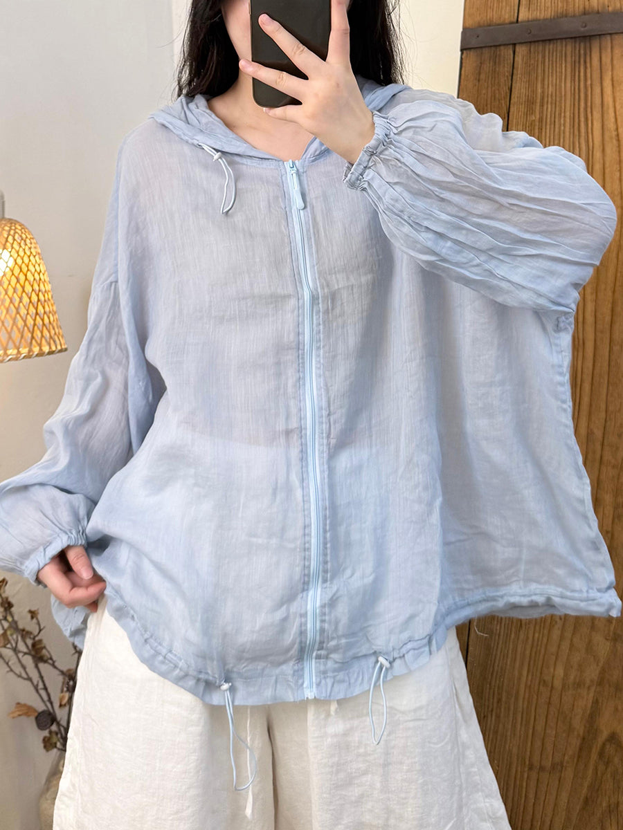 Women Summer Artsy Pure Color 100%Ramie Hooded Shirt