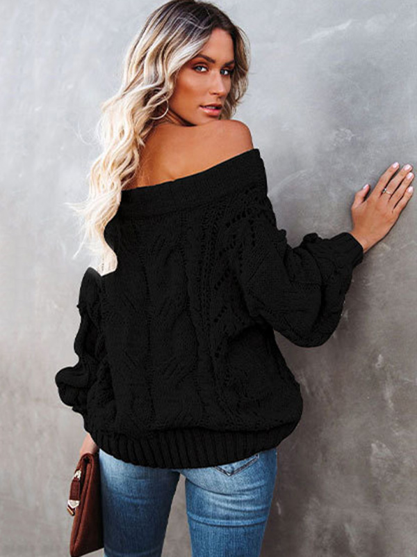 Vintage Long Sleeves Loose Solid Color Off-The-Shoulder Sweater Tops