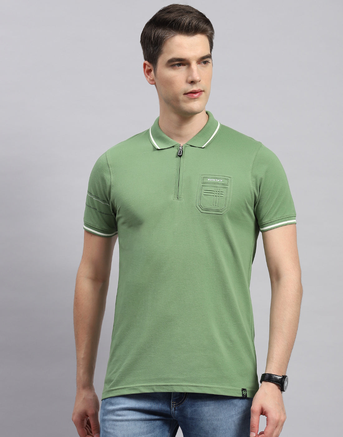 Men Olive Printed Polo Collar Half Sleeve T-Shirt