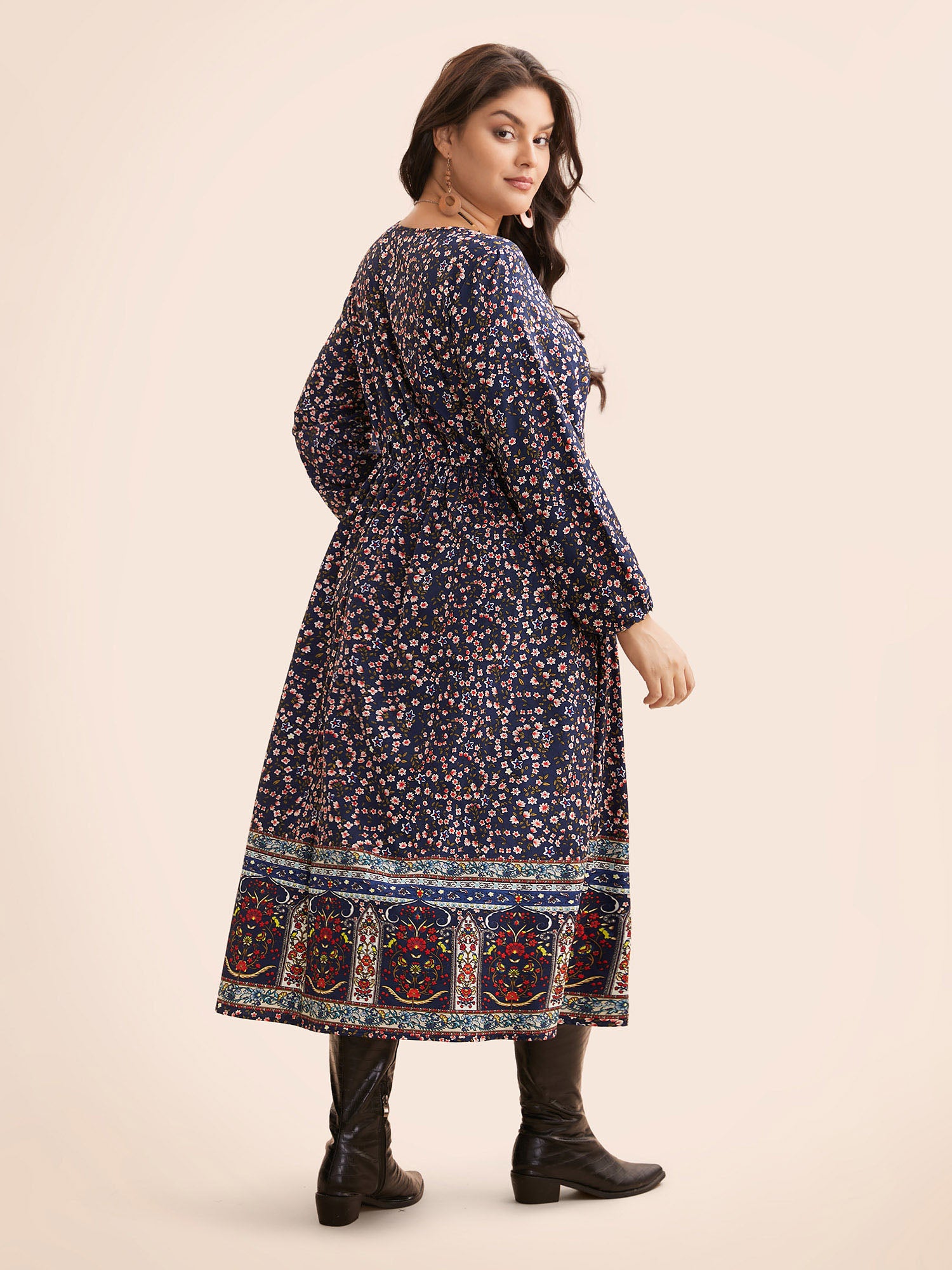 Boho Print Lantern Sleeve Midi Dress