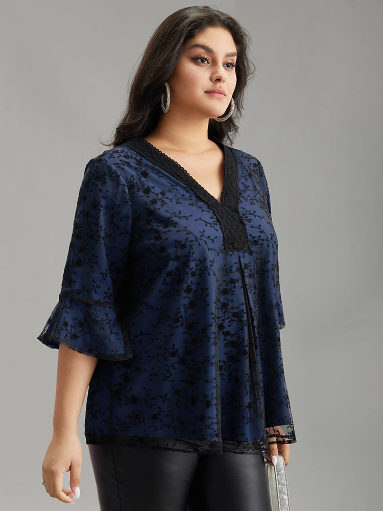 Crochet Lace Mesh Bell Sleeve Blouse