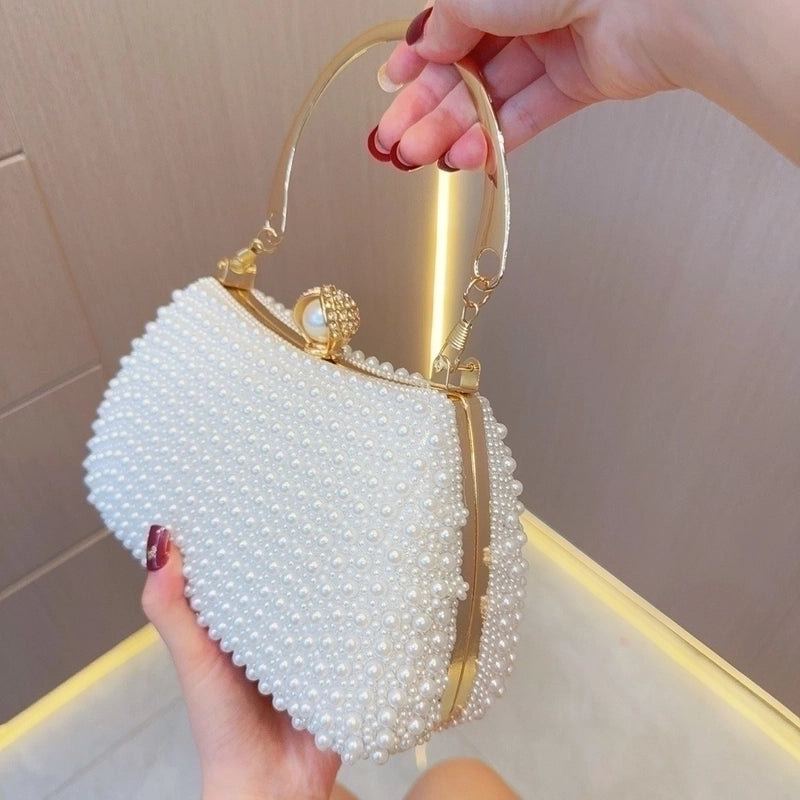 White Beige Black Polyester Solid Color Pearls Evening Bags