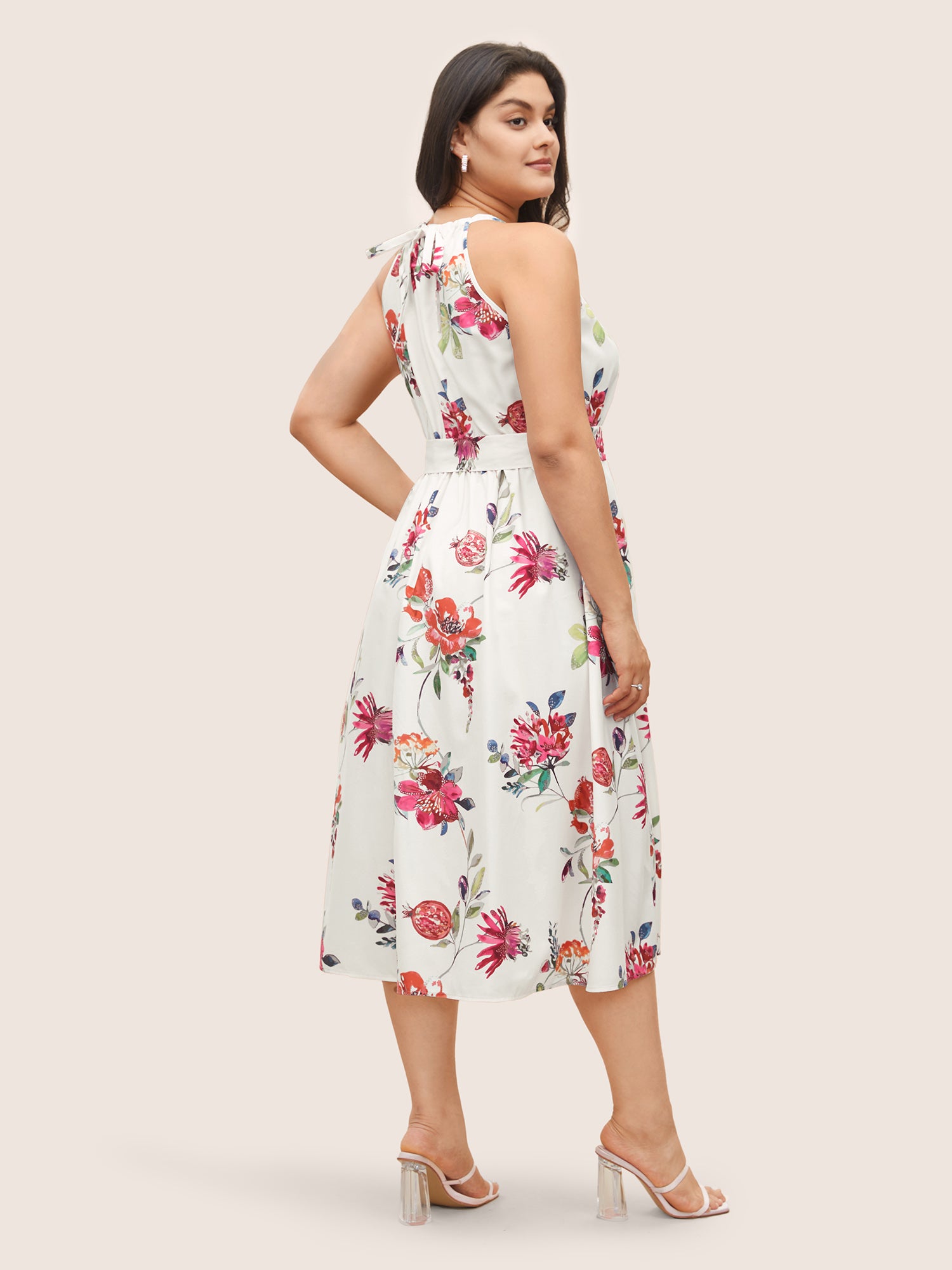 Citrus Fruit Print Halter Belted Gathered Dress