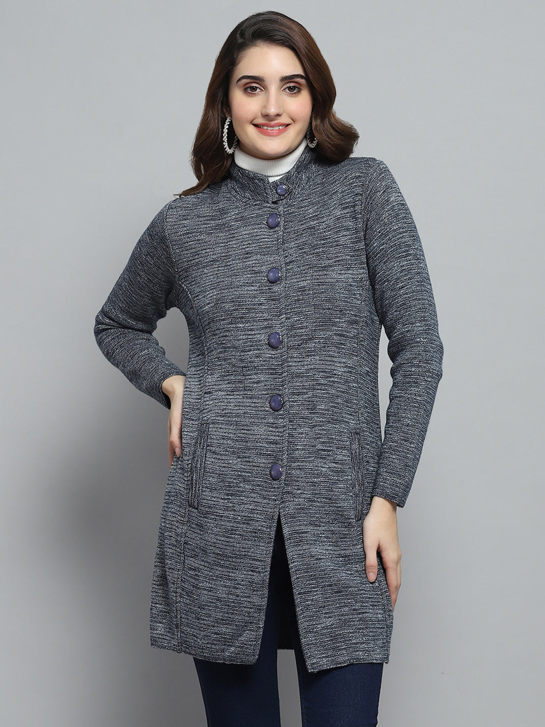 Women Grey Self Design Round Neck Full Sleeve Knitted Coat