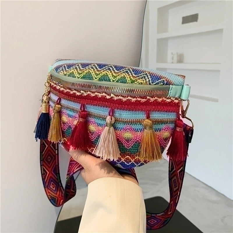 Women's Basic Ethnic Style Color Block Stripe Straw Waist Bags