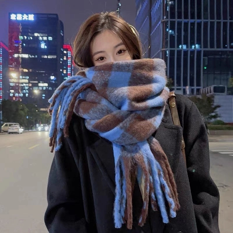 Plaid Scarf Women's Winter High-grade Gradient Mohair Thickened Warm Scarf New Cashmere-like Shawl