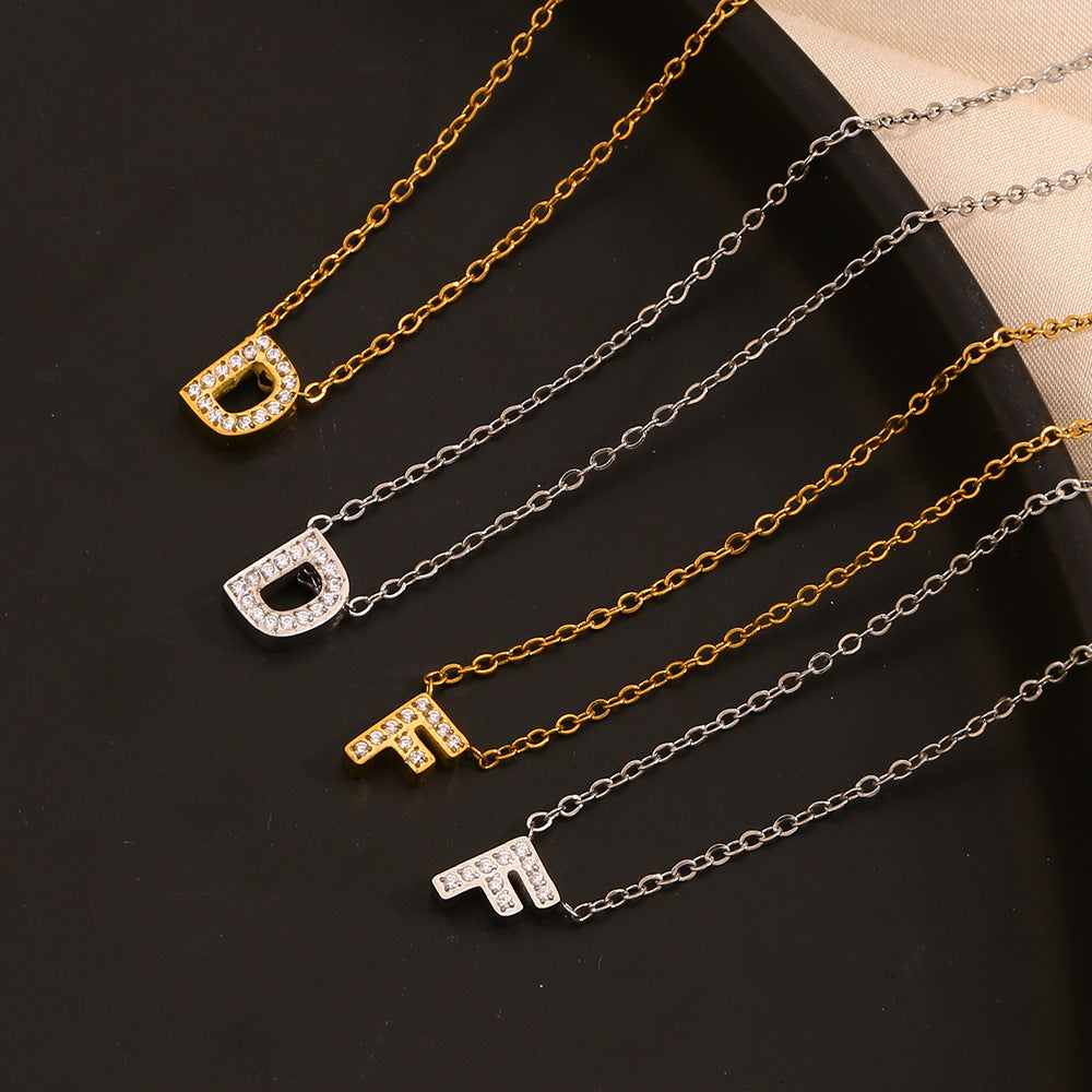Fashionable And Simple 26 English Letter Pendant Stainless Steel Plated 18K Gold Diamond Small Letter Necklace For Women