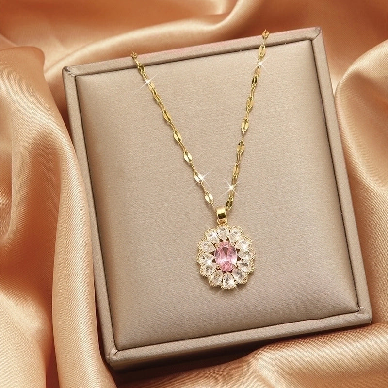 3 Pieces Lady Heart Shape Flower Titanium Steel Plating Inlay Zircon Gold Plated Pendant Necklace