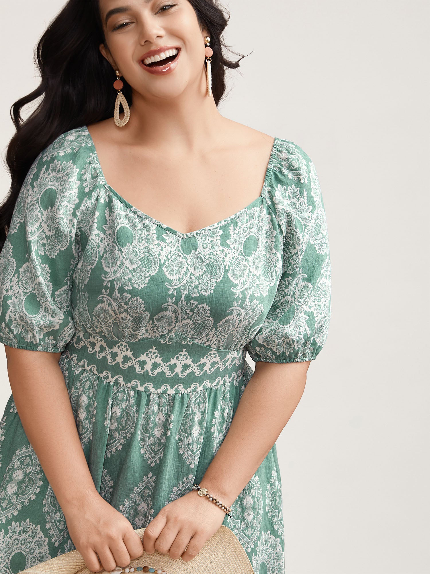 Boho Print Waist Defining Midi Dress