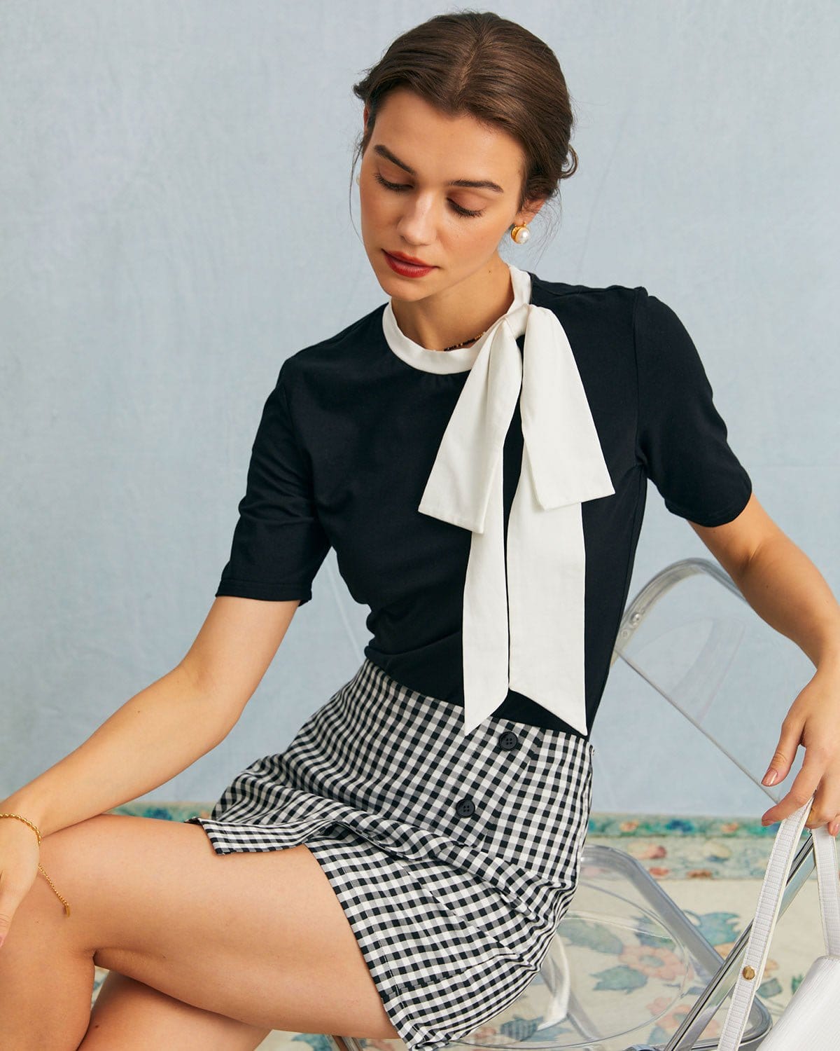 The Black High Waisted Plaid Button Mini Skort