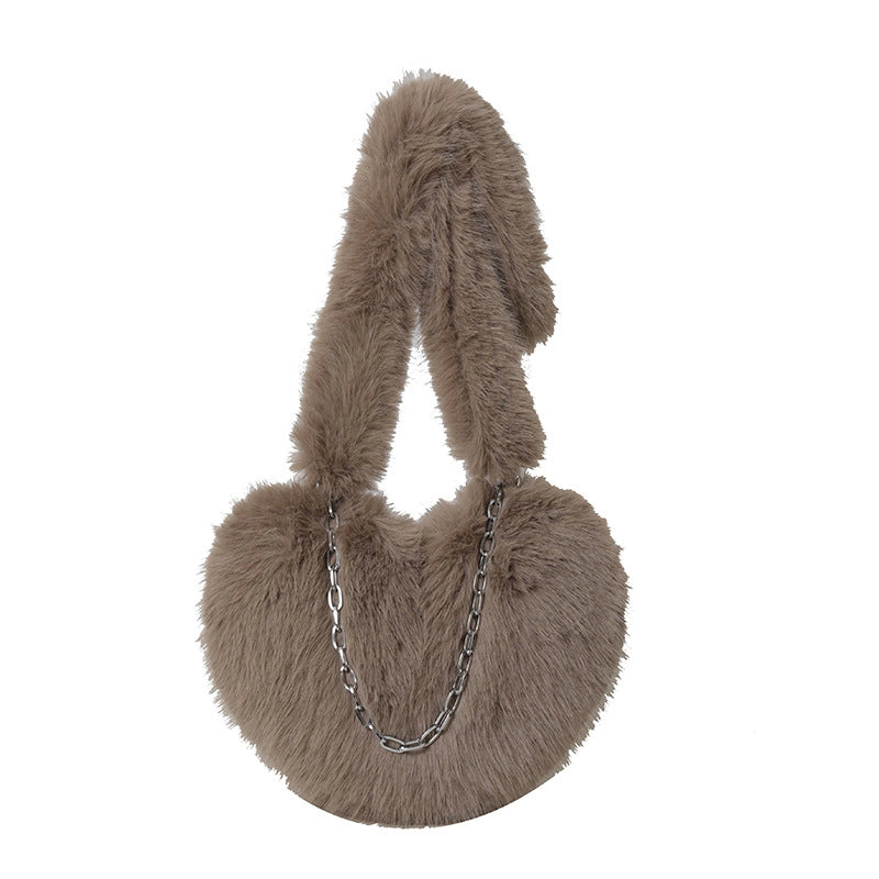 Women's Plush Solid Color Cute Heart-shaped Zipper Crossbody Bag