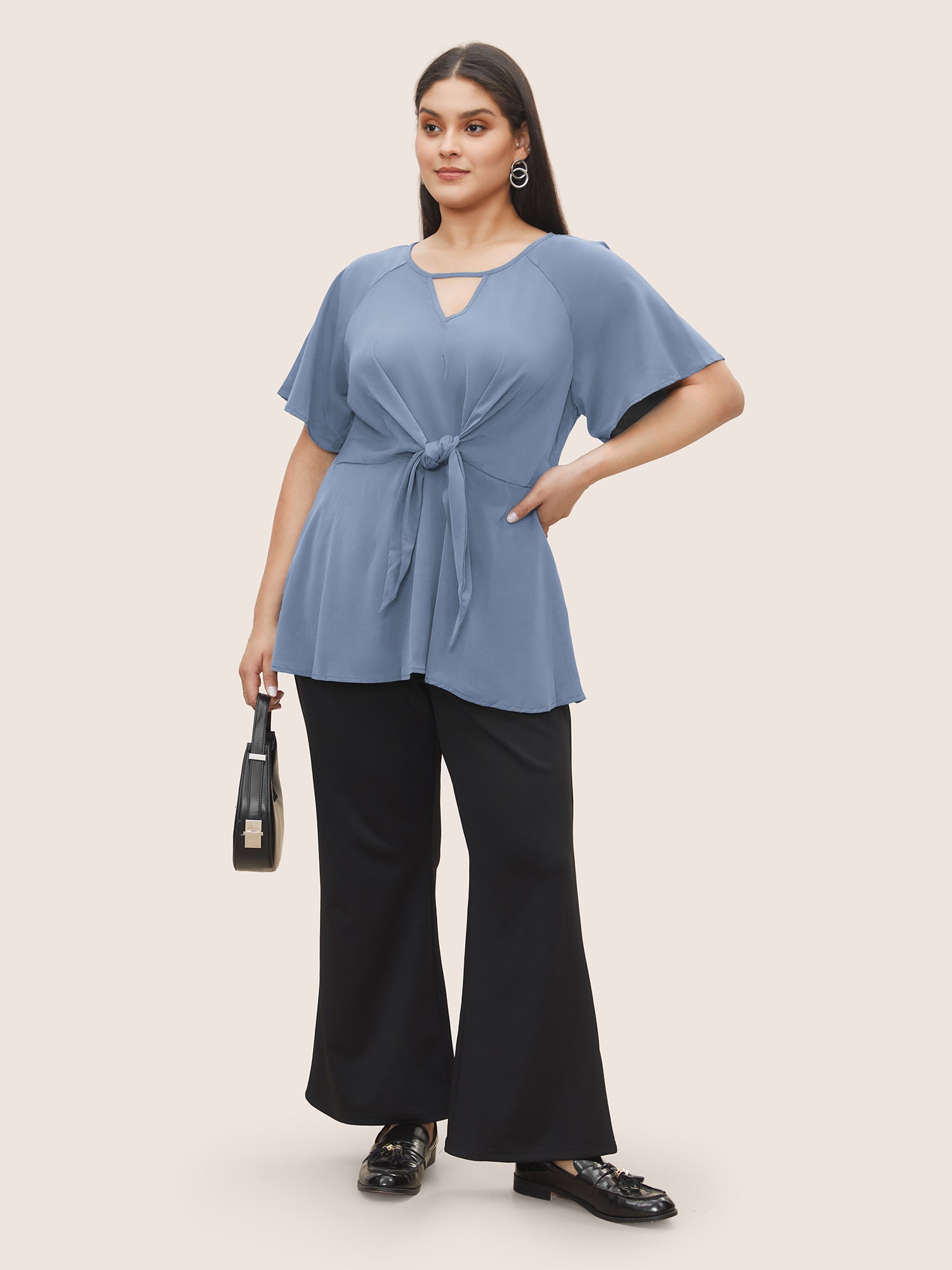 Plain Keyhole Knotted Front Ruffle Sleeve Blouse