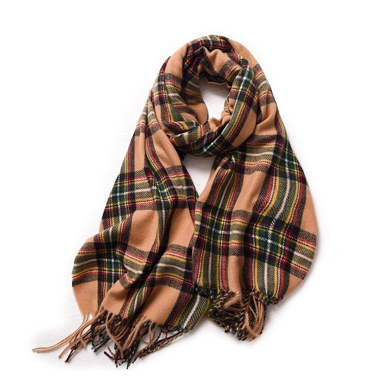 Korean Style Contrast Color Check Retro Artificial Cashmere Scarf Women's Winter Neck Warmer Warm All-matching Fashion Ins Factory