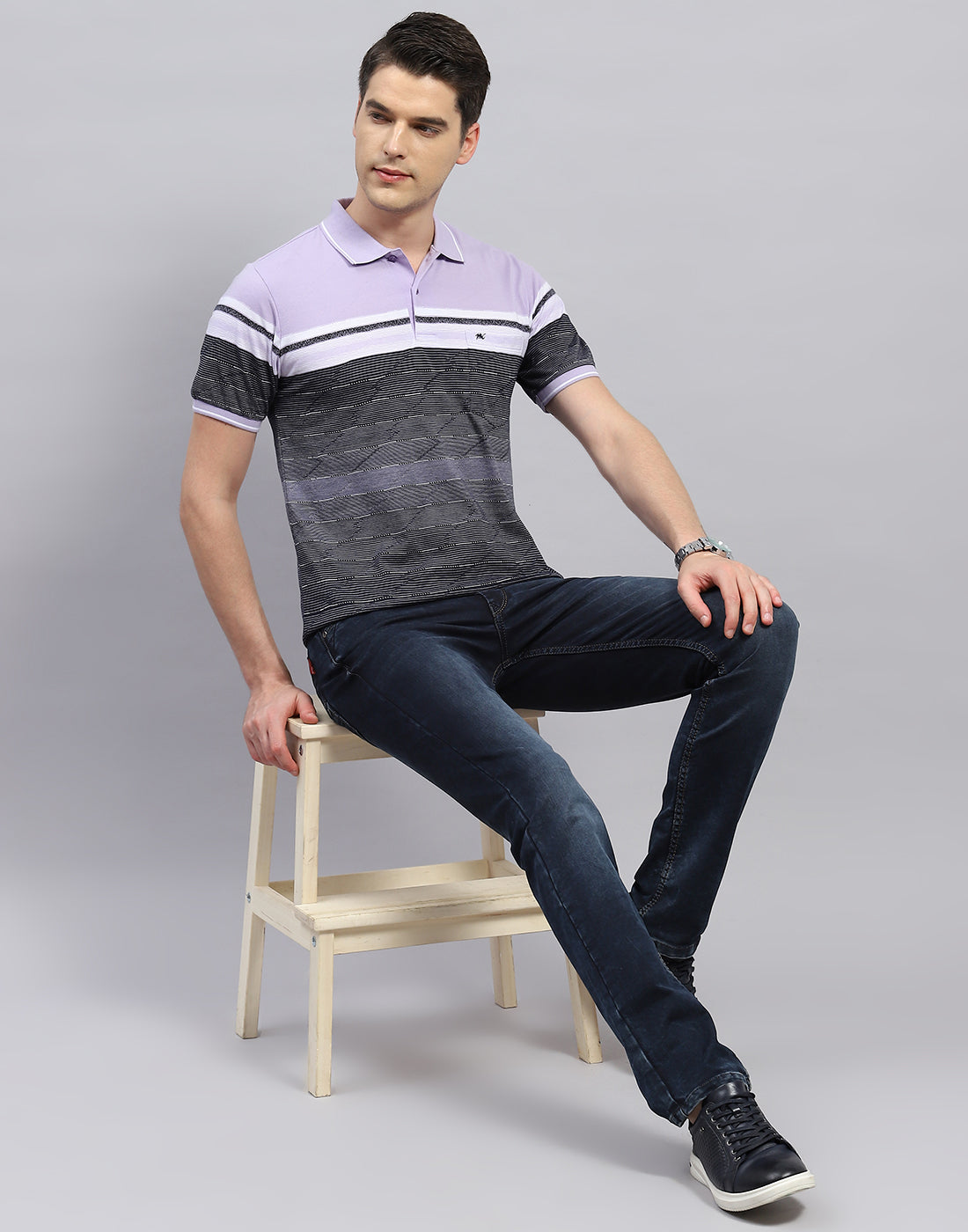 Men Purple Stripe Polo Collar Half Sleeve T-Shirt