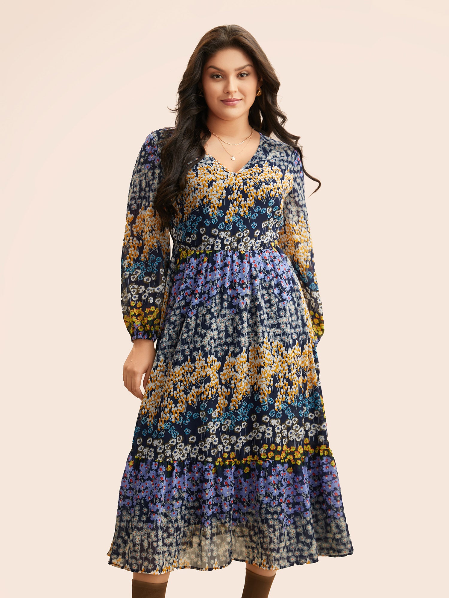 Chiffon Ditsy Floral Lantern Sleeve Dress