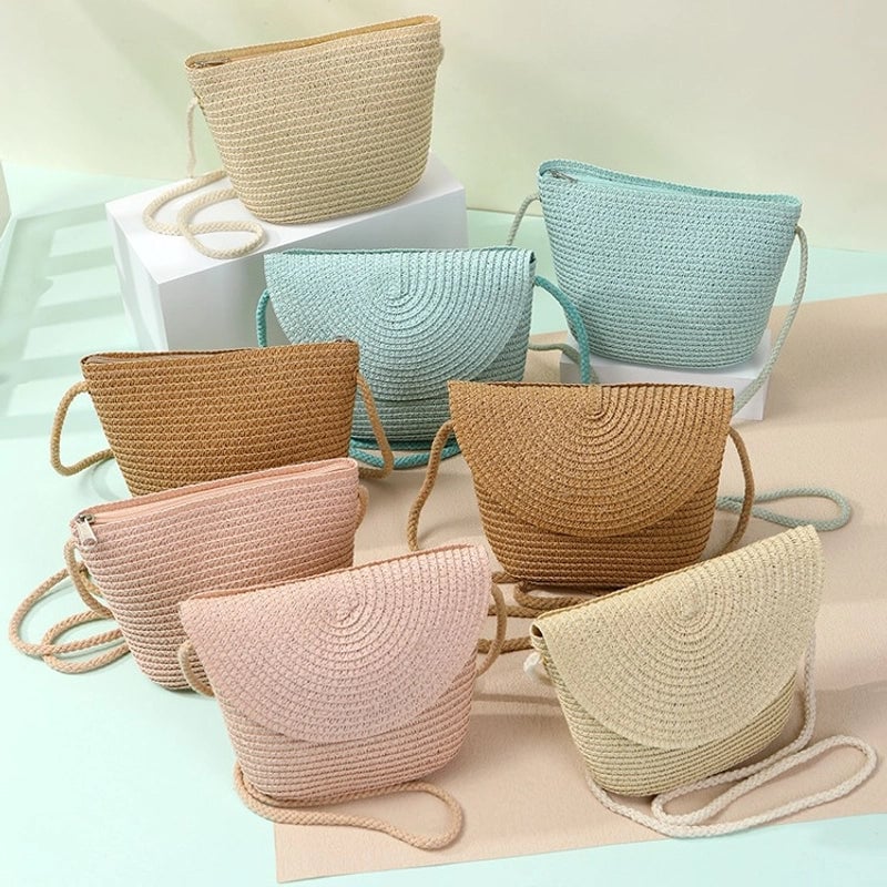 Women's Straw Solid Color Beach Weave Square Zipper Flip Cover Straw Bag